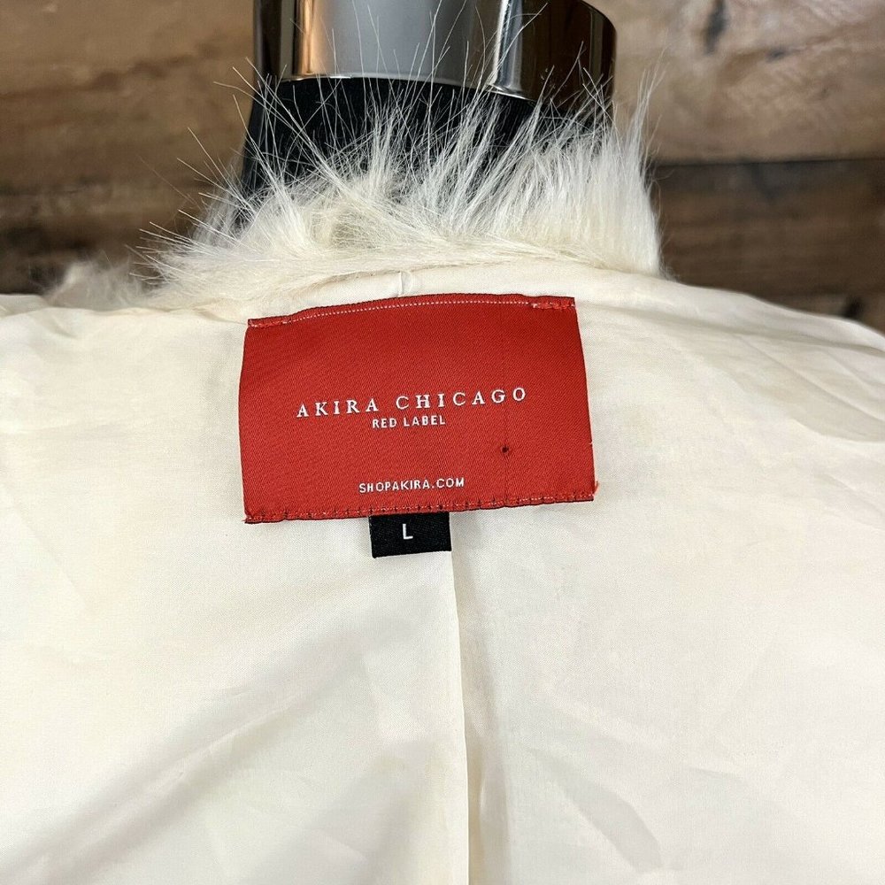 AKIRA Chicago Red Label Faux Fur Jacket Open Front Fully Lined Ivory Women Sz L. - Picture 5 of 5